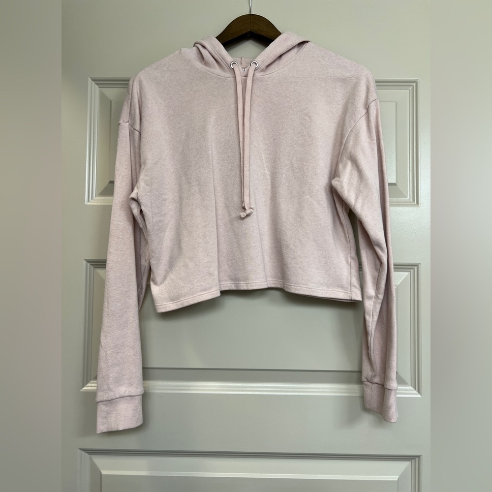 Pink Cropped Hoodie Sweatshirt Drawstring Soft Long Sleeve Hood Medium